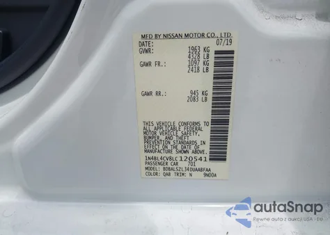 2020 Nissan Altima Sr Fwd z USA, uszkodzony, nr VIN 1N4BL4CV8LC120541